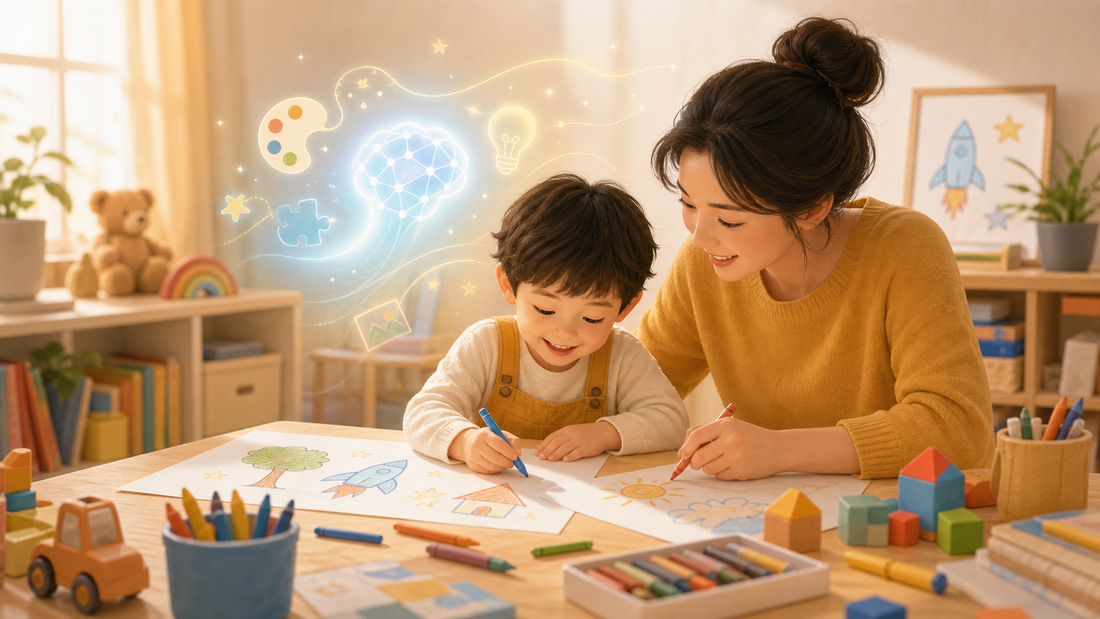 Children using AI as inspiration for hands-on creative learning
