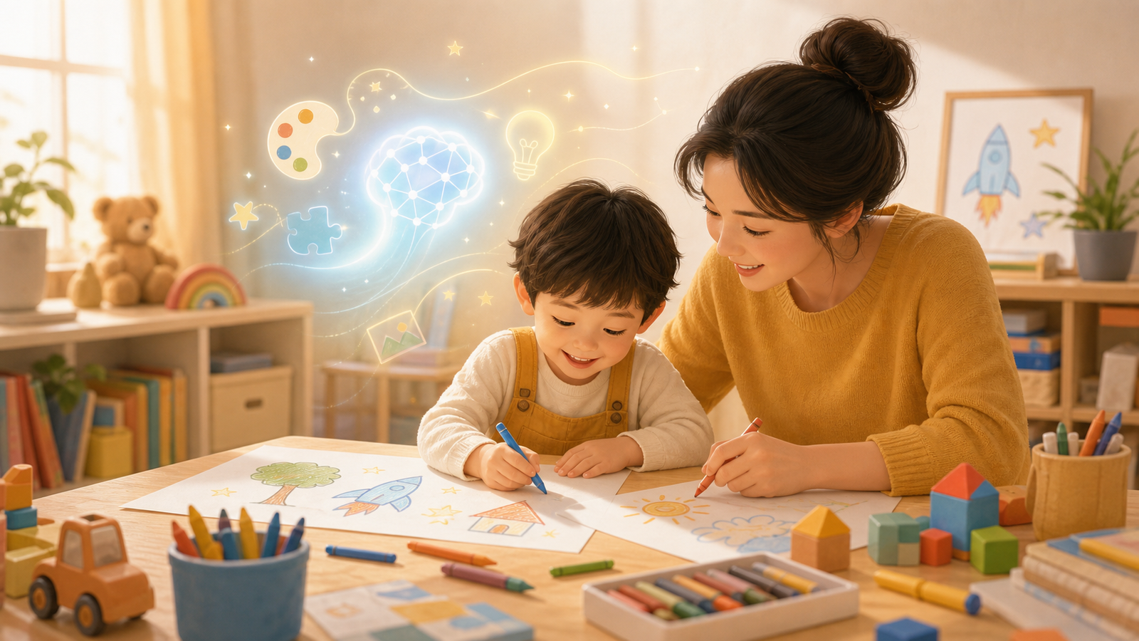 Children using AI as inspiration for hands-on creative learning