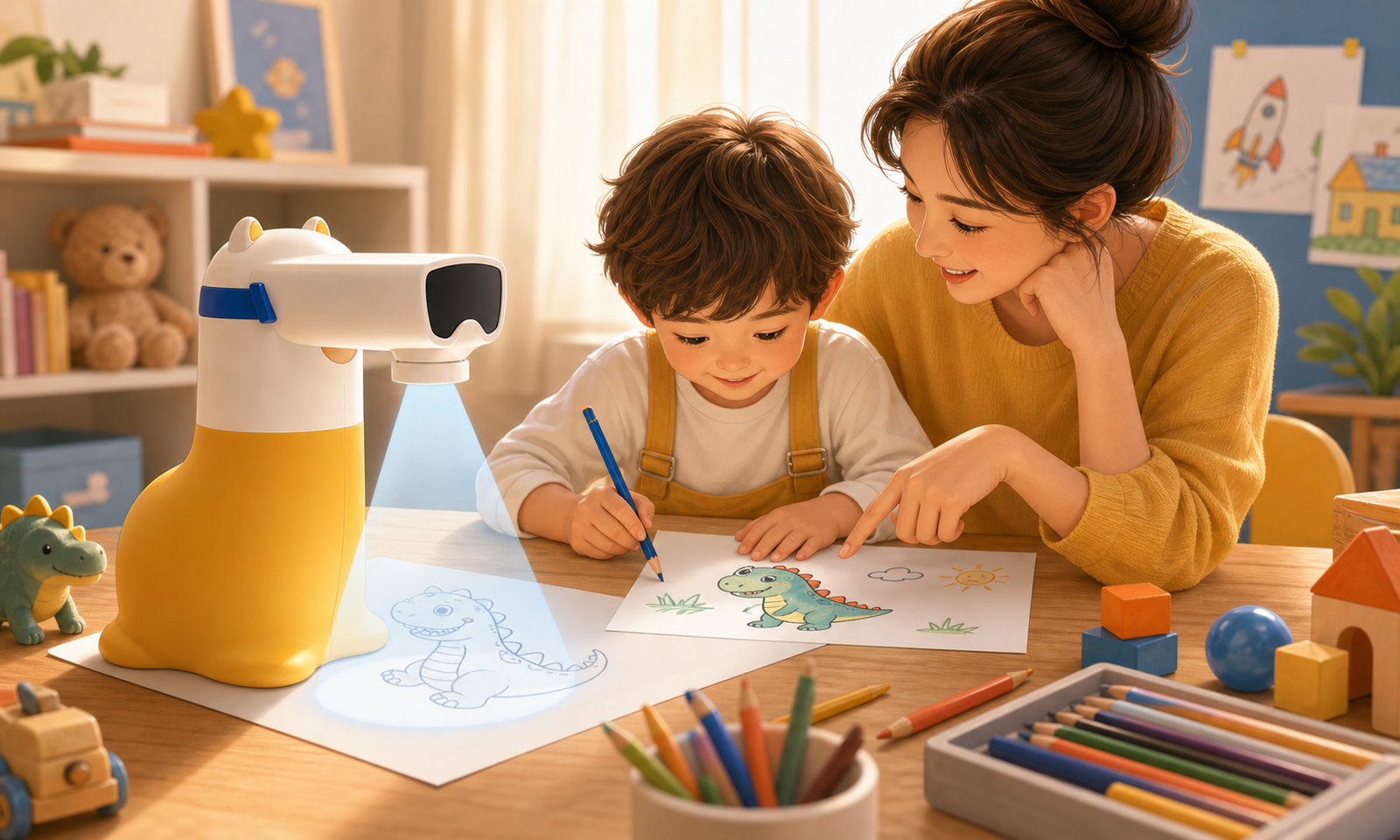 Parent helping a child draw with a friendly drawing projector