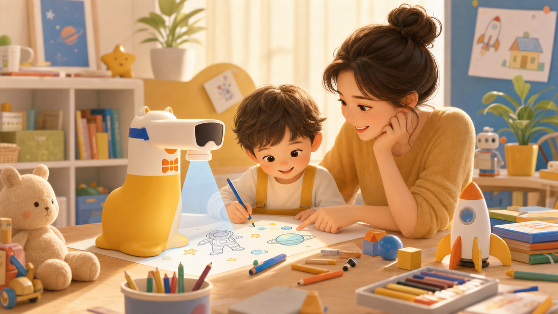 Parent and child exploring future toys through creative AI play