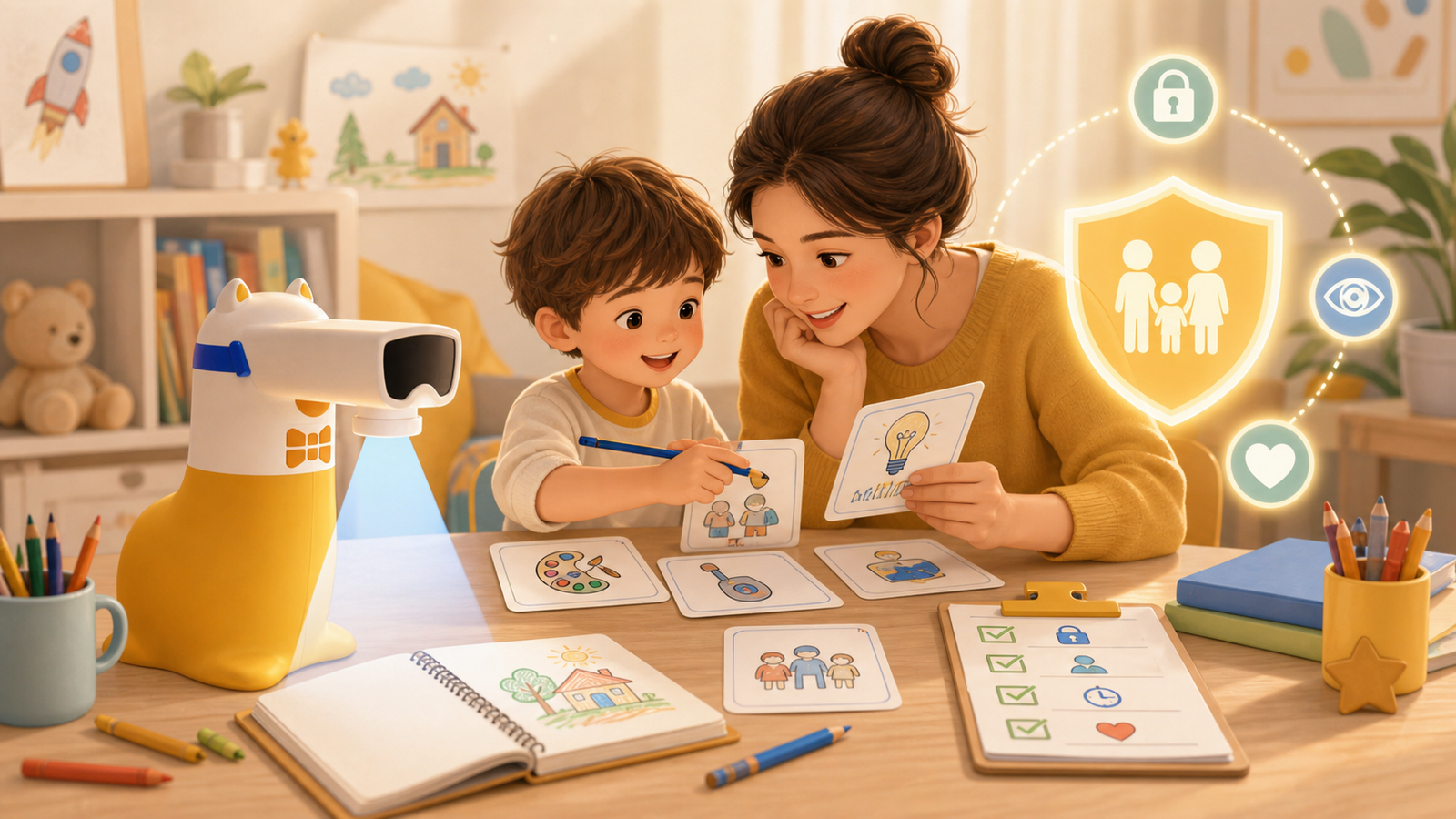 Parent and child practicing safe AI learning habits with art supplies