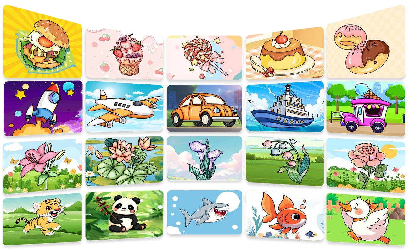 Start with 50 built-in drawing images on the device, then use the app for fresh animals, vehicles, flowers, holidays, and learning activities.