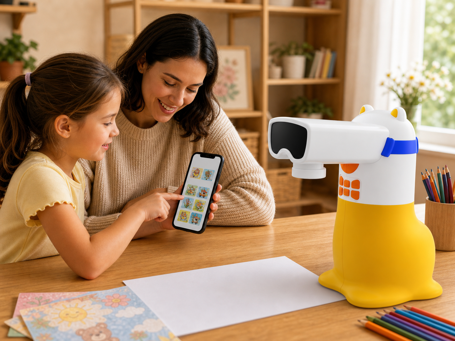 A child chooses a drawing idea while the Yoture drawing projector points toward the activity