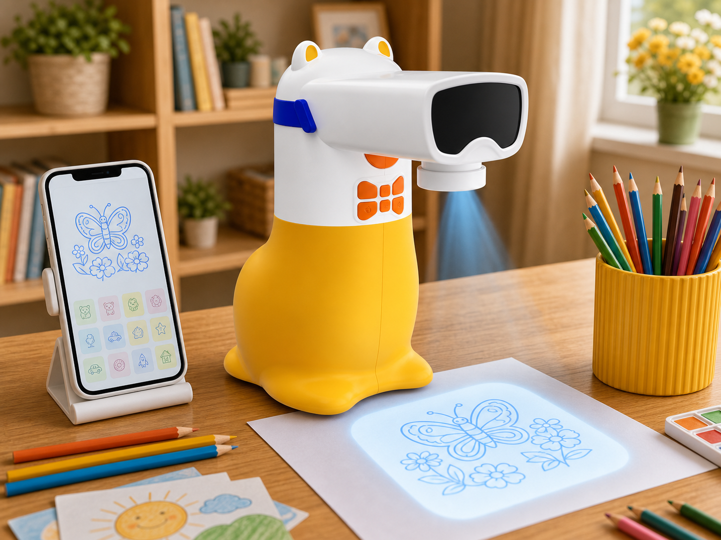 The Yoture drawing projector casts a butterfly and flower outline onto paper