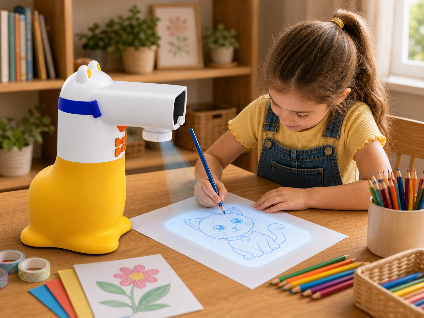 A child traces a projected outline while the Yoture drawing projector points toward the paper