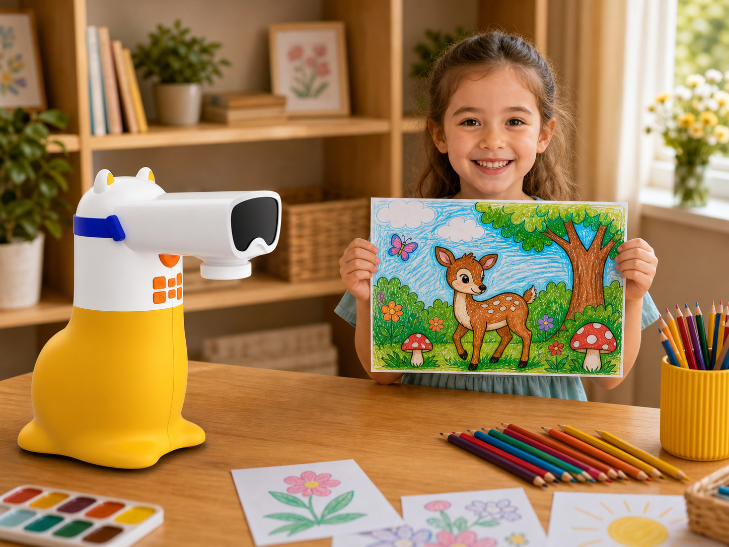 A child holds finished artwork beside the Yoture drawing projector
